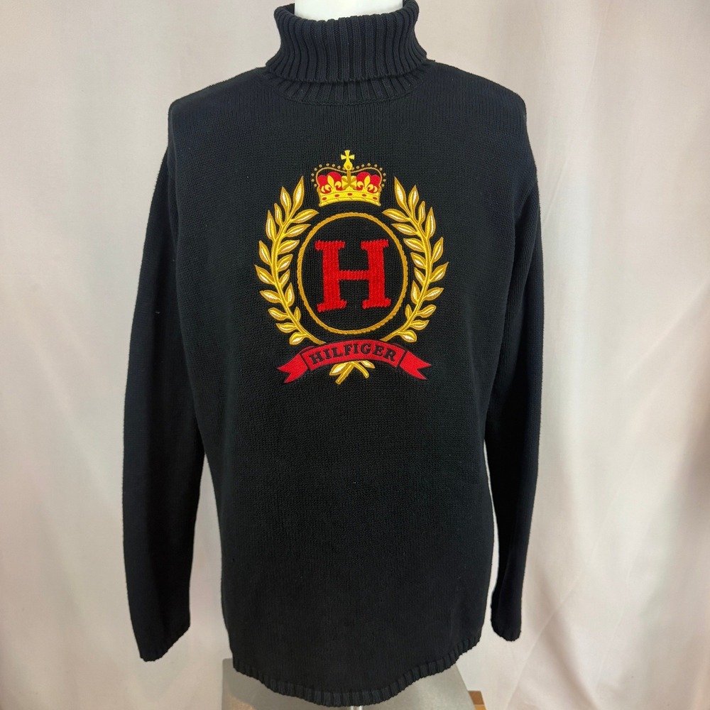 Vintage TOMMY HILFIGER|L|Black Cotton Turtleneck Embroidered Preppy Collegiate